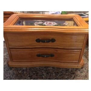 Vintage Wooden Jewelry Box Floral Glass Top 2 Drawer Pink Velvet Lining